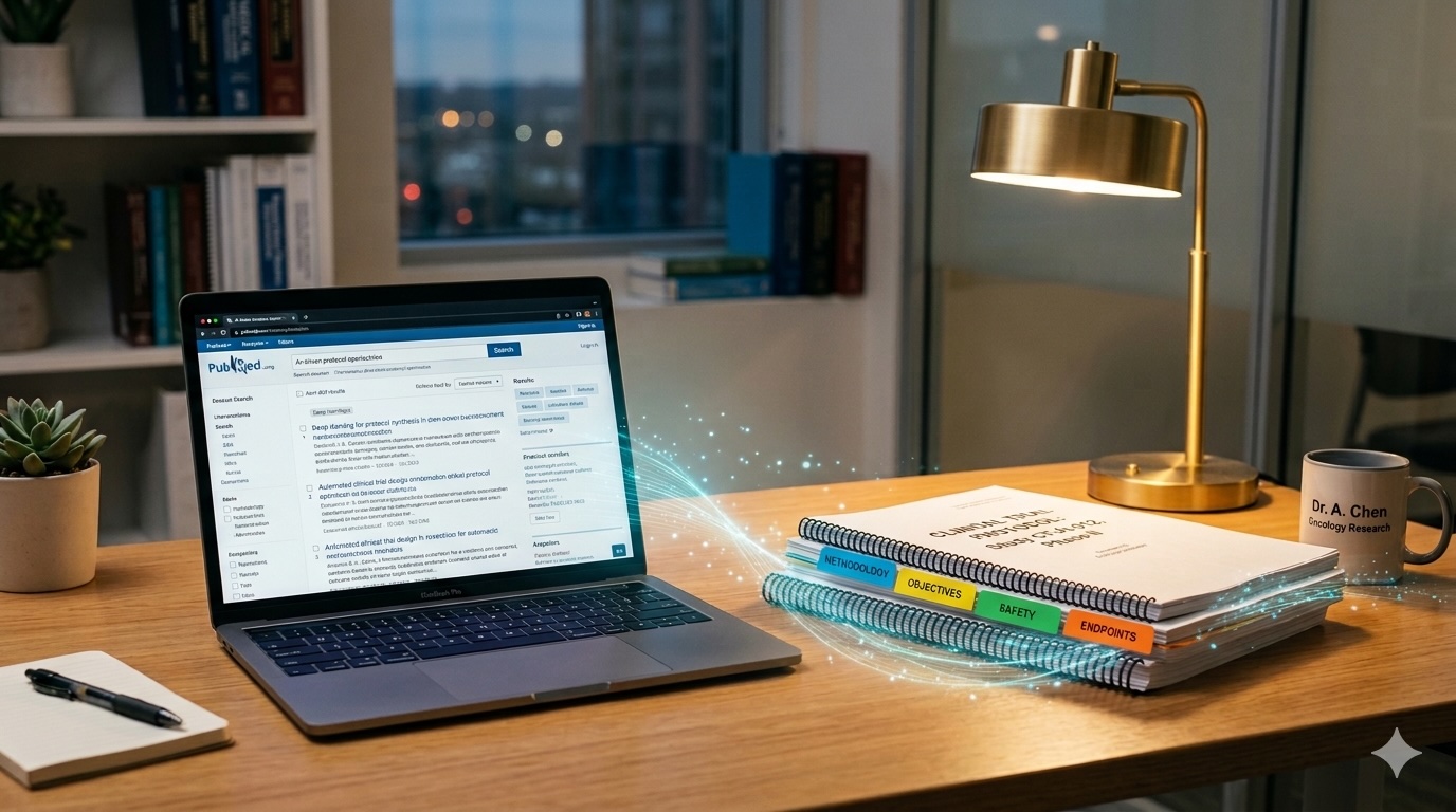 AI-generated photorealistic image of a desk workspace with a laptop displaying PubMed search results, connected by glowing data streams to a stack of clinical trial protocol documents with coloured tabs for methodology, objectives, safety, and endpoints