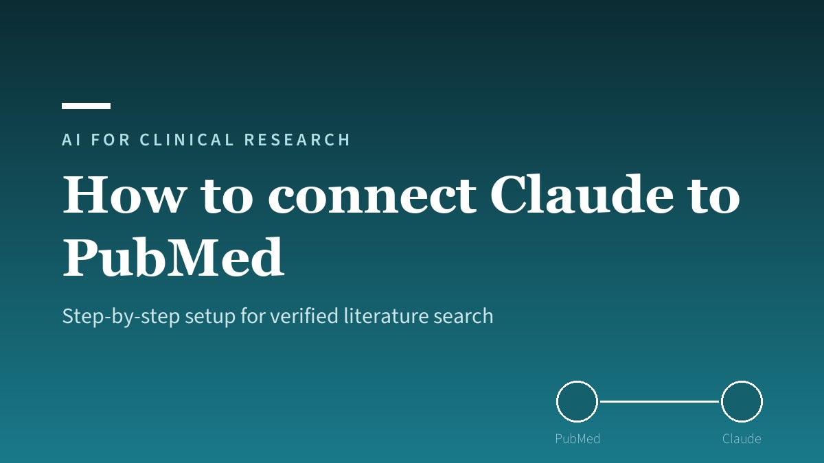 A laptop showing PubMed search results connected by glowing data streams to the Claude interface, representing a live database connector